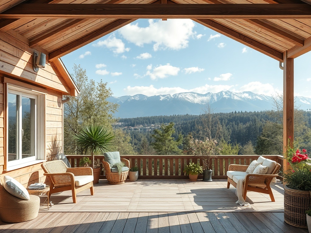 Уютная веранда с креслами и красивым видом на горы и зелёные леса. Тёплый солнечный день, расслабляющая атмосфера.