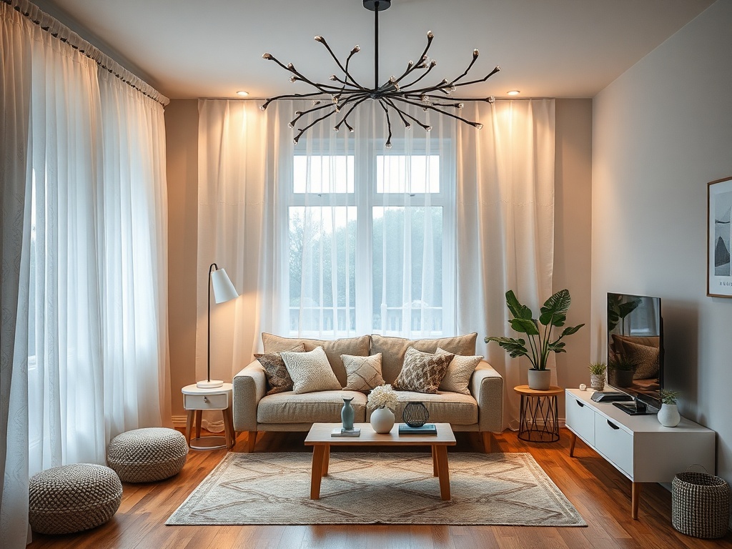 Современный светлый интерьер гостиной с диваном, растениями и мягким освещением. Уютная атмосфера.