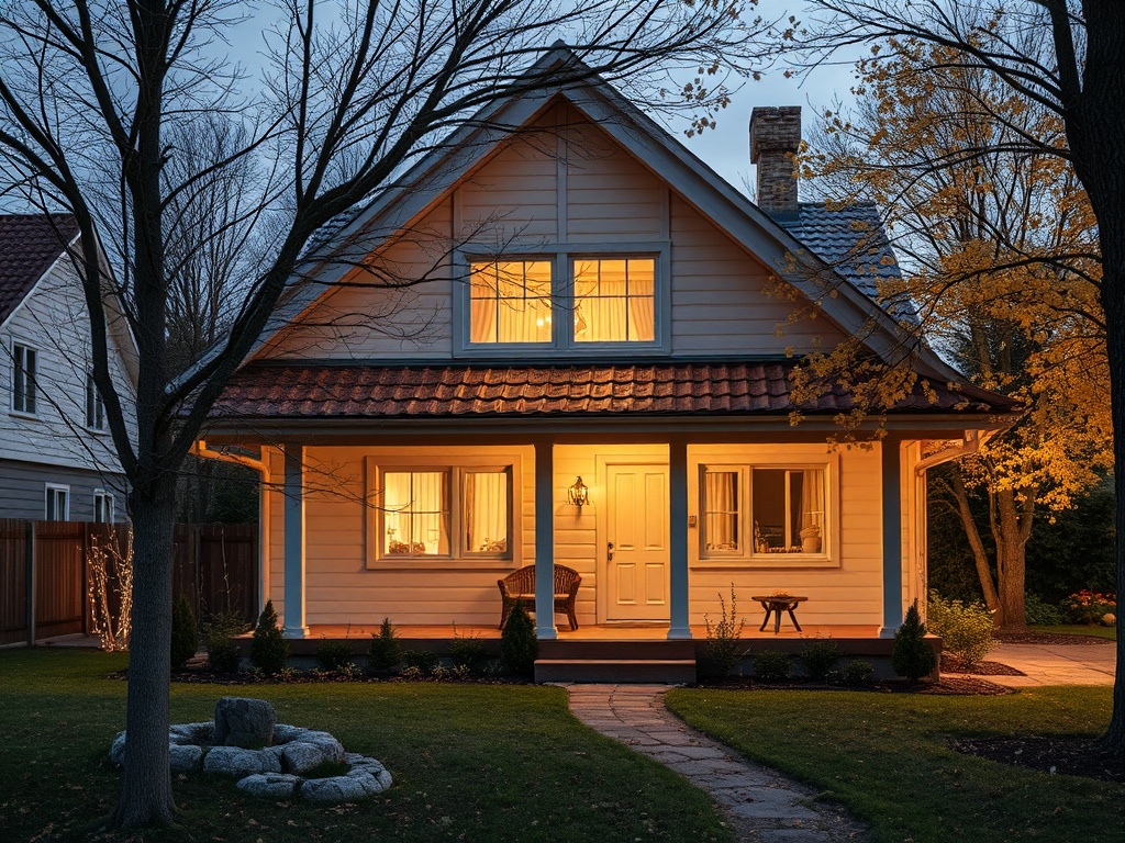 Светлый дом с уютной террасой и освещёнными окнами на закате, окружённый деревьями и ухоженным садом.