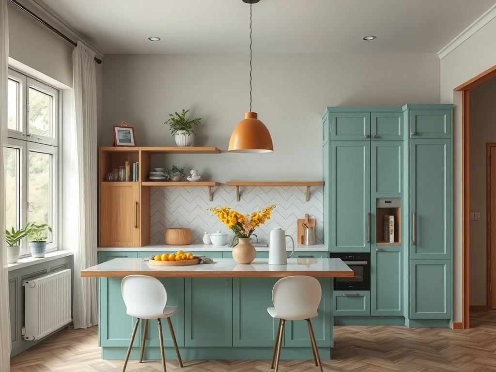 Светлая кухня с зелеными шкафами, деревянными элементами и столом, украшенным фруктами и букетом цветов.