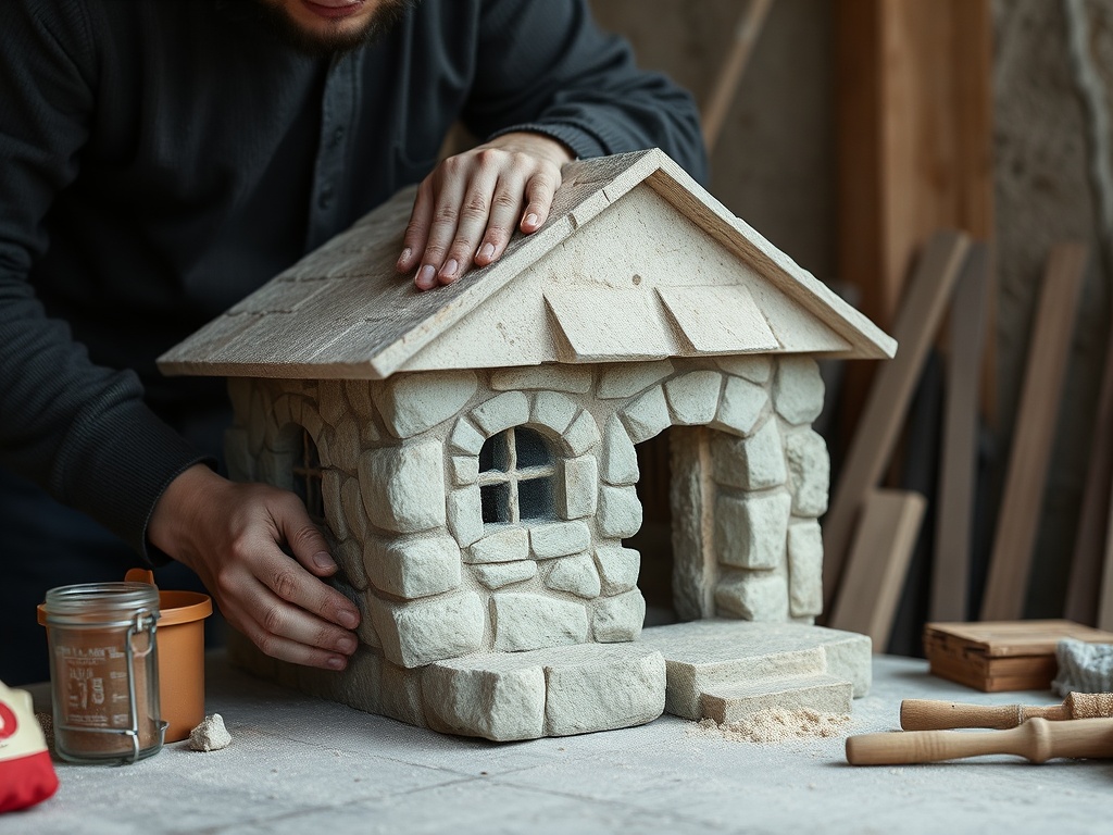 Человек работает над моделью каменного домика в мастерской, окружённый инструментами и материалами для творчества.