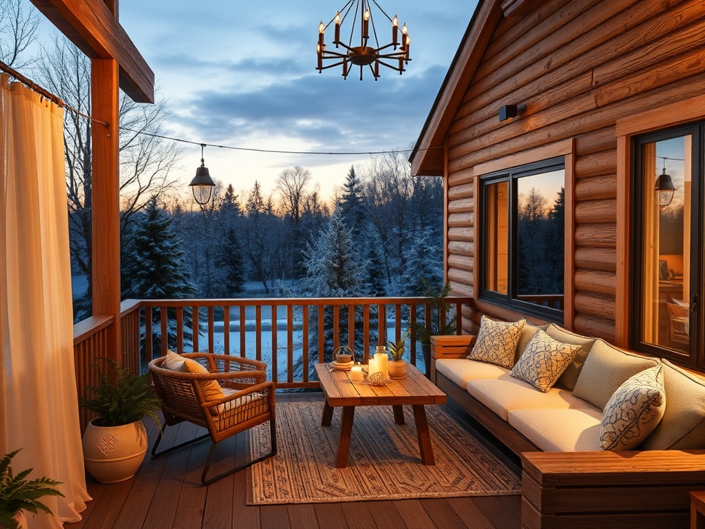 Уютная веранда со свечами, креслом и диваном на фоне зимнего леса при закате.