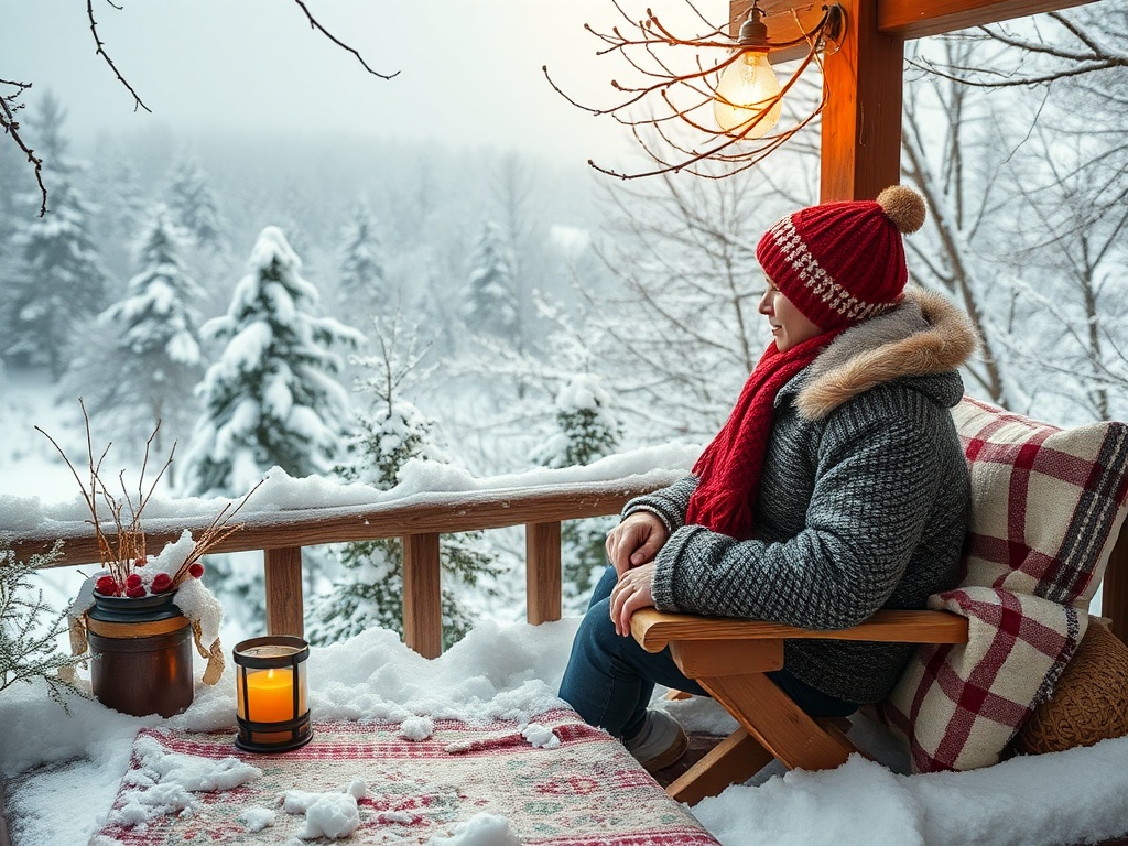 Человек в зимней одежде сидит на веранде, любуясь снежным пейзажем в тишине зимнего утра.