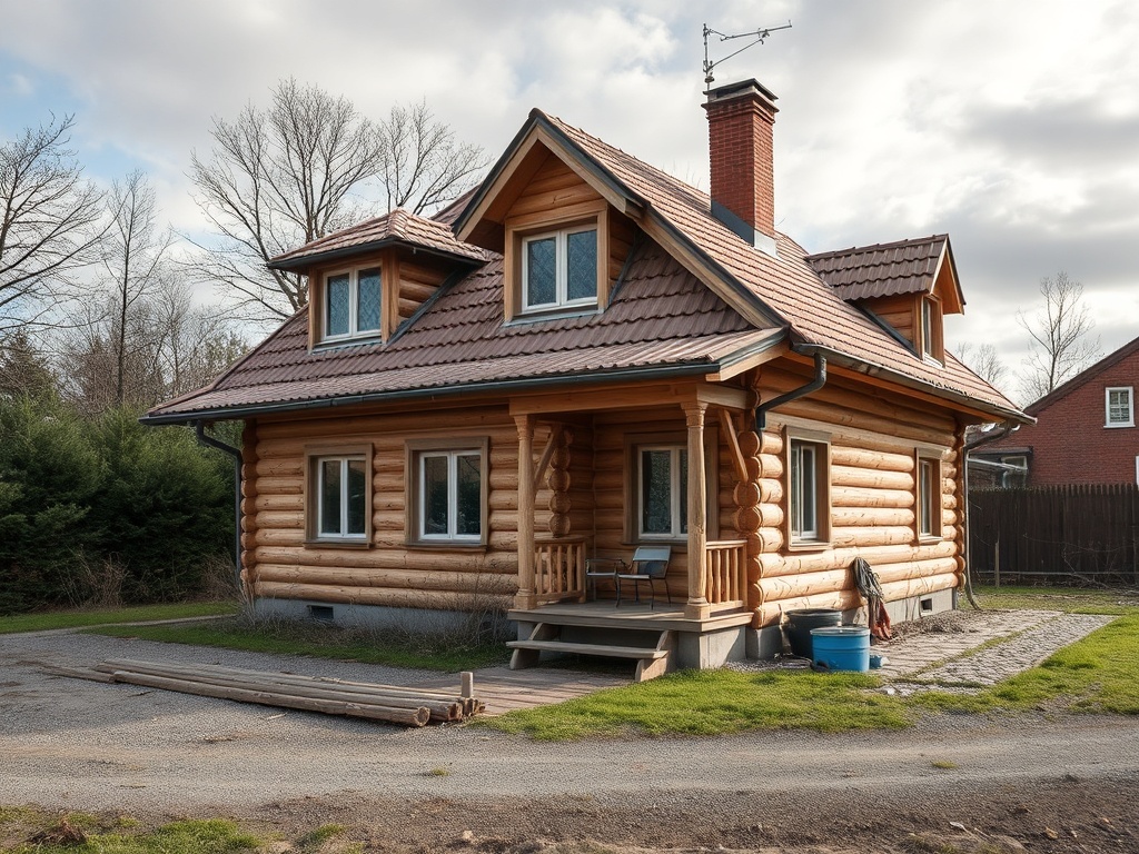 Деревянный дом с двумя этажами, окружённый зеленью и вымощенной площадкой. Спокойная загородная обстановка.
