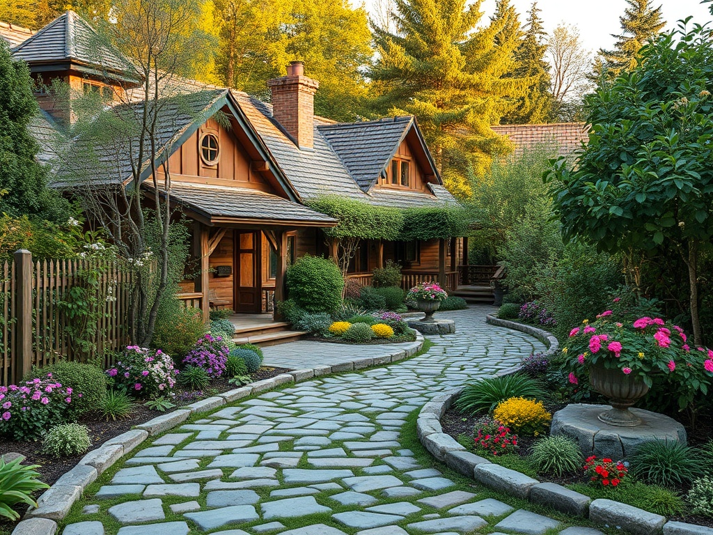 Красивая деревянная дача с садом, цветами и извивающейся каменной дорожкой на фоне зеленых деревьев.