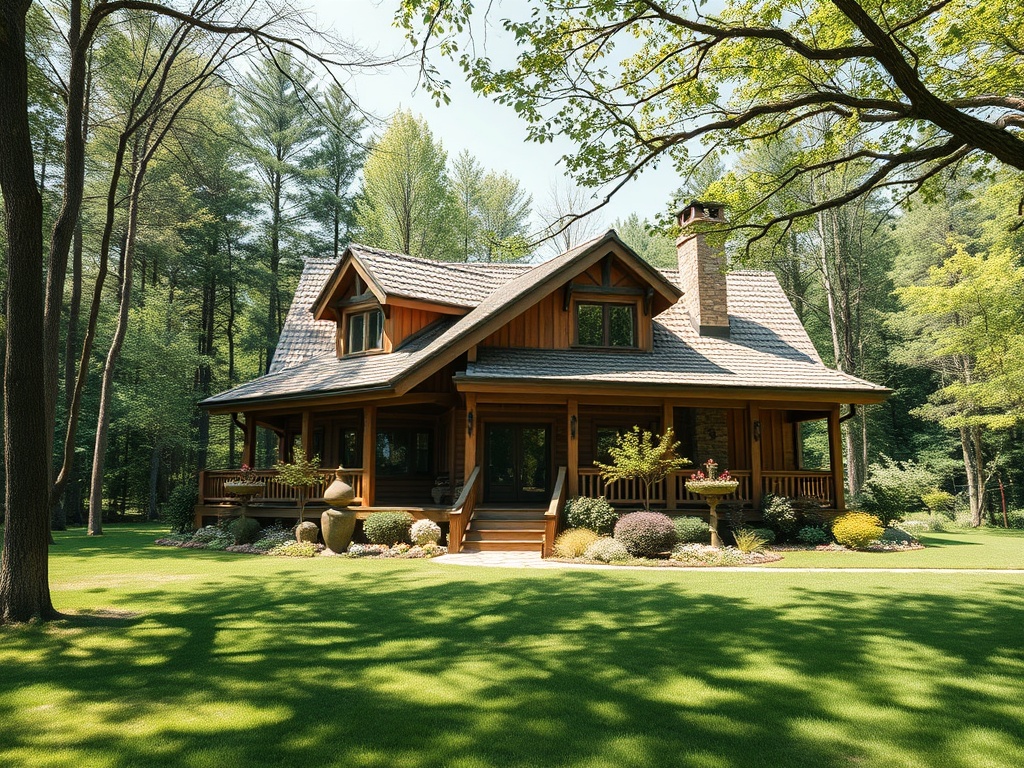Деревянный дом с мансардой, окружённый зеленью, на фоне леса и ухоженного сада. Тихое и уютное место.