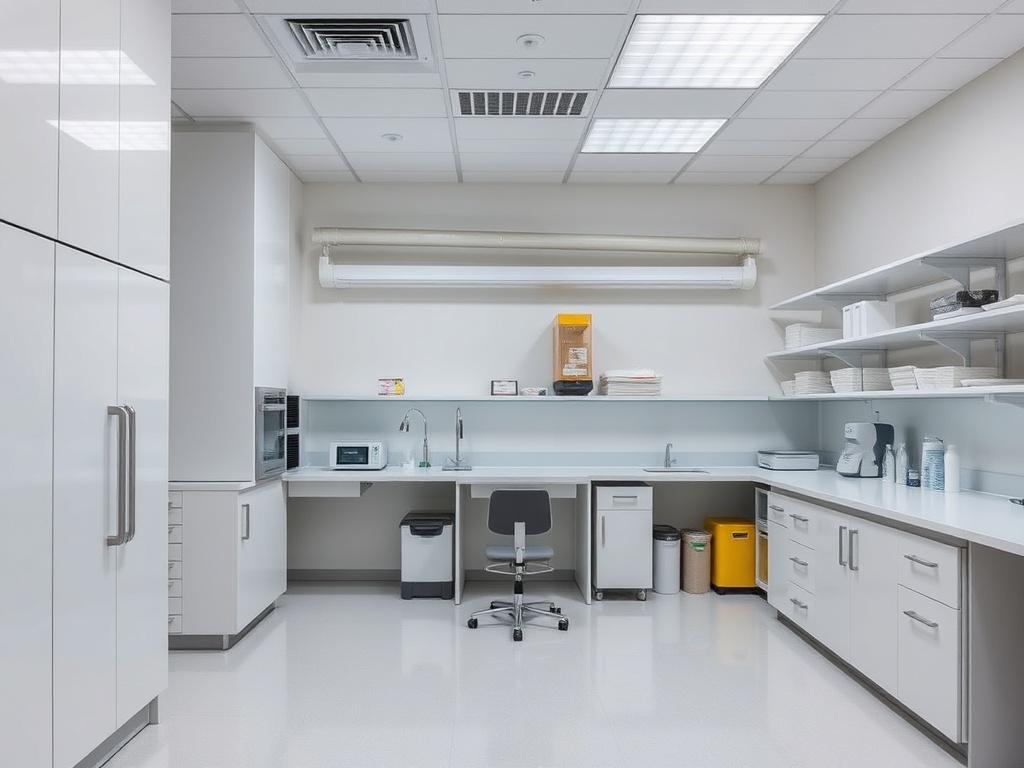 Современный кабинет с белыми стенами, чистыми столами и оборудованием для медицинских процедур.