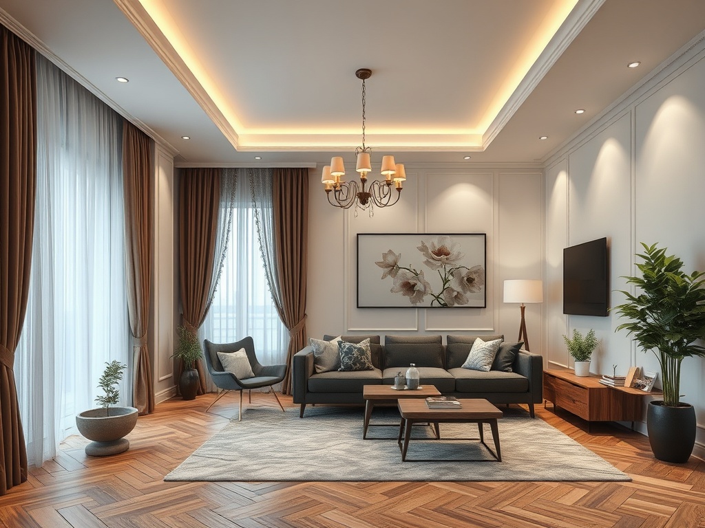 Современная гостиная с мягкой мебелью, светильником, картинами и зелеными растениями на фоне уютного интерьера.