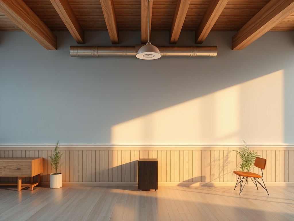 Современный интерьер с деревянными балками, мебелью и растениями, залитый мягким солнечным светом.