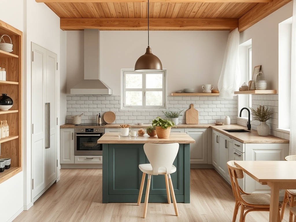Светлая кухня с деревянными элементами, утечка, стол с растением и современная бытовая техника.