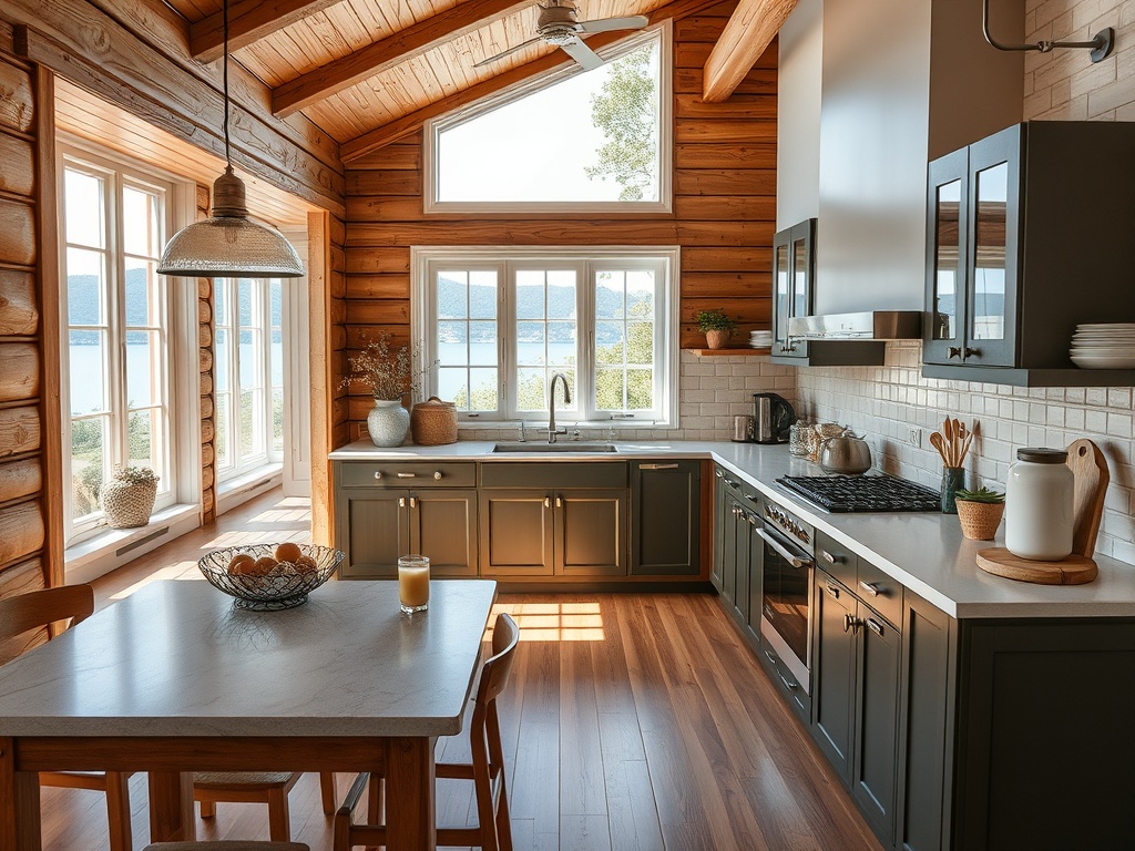 Современная кухня в деревенском стиле с большими окнами и видом на озеро, светлая мебель и уютная атмосфера.