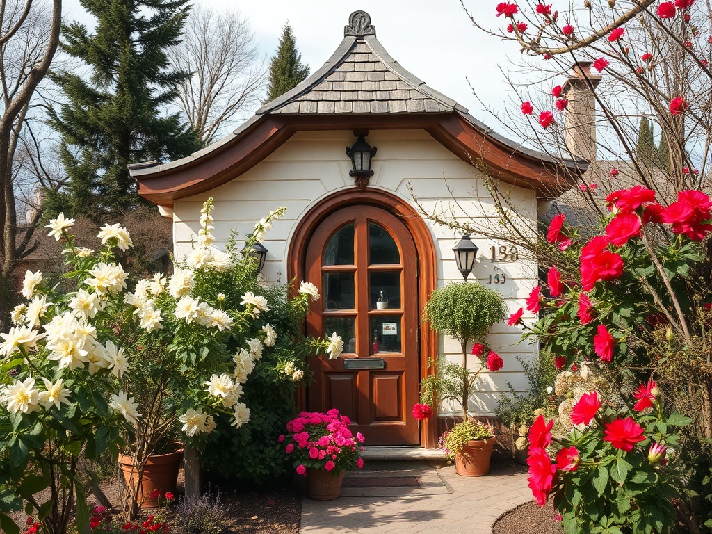 Уютный дом с изогнутой крышей, окруженный яркими цветами и кустами, создающими атмосферу тепла и уюта.