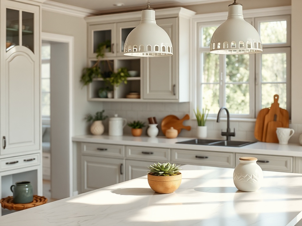 Светлая кухня с белыми лампами, суккулентом и декоративной посудой на столе и в шкафах.