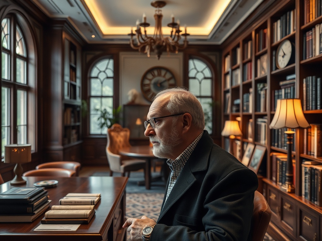 Пожилой человек в строгом костюме сидит в уютной библиотеке с книжными полками и лампами.