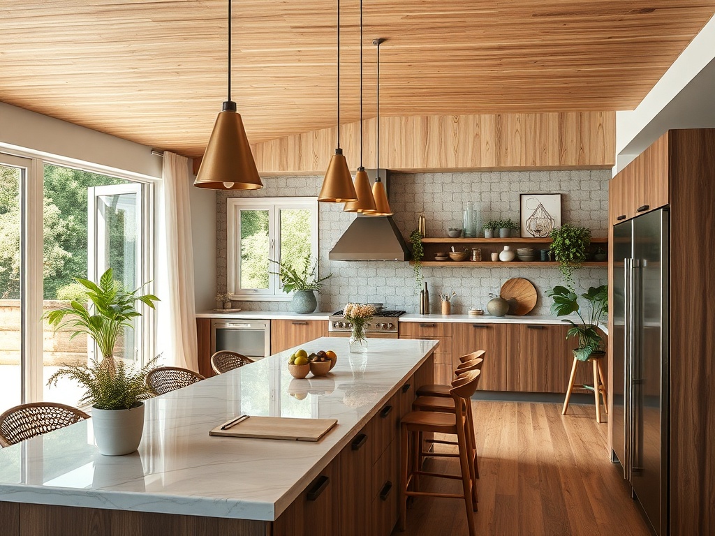 Современная кухня с деревянными элементами, белой столешницей и зелеными растениями, освещенная висячими лампами.