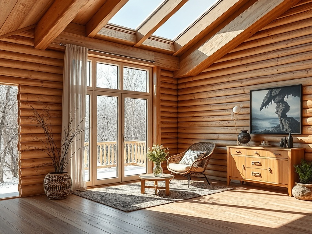 Современный интерьер с большими окнами, деревянными стенами и уютной мебелью. Светло и естественно.