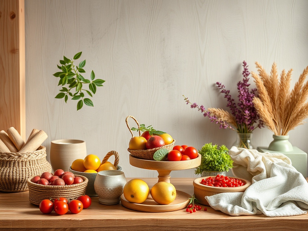 На деревянном столе стоят красивые блюда с фруктами и овощами, зелень и цветы в уютной обстановке.