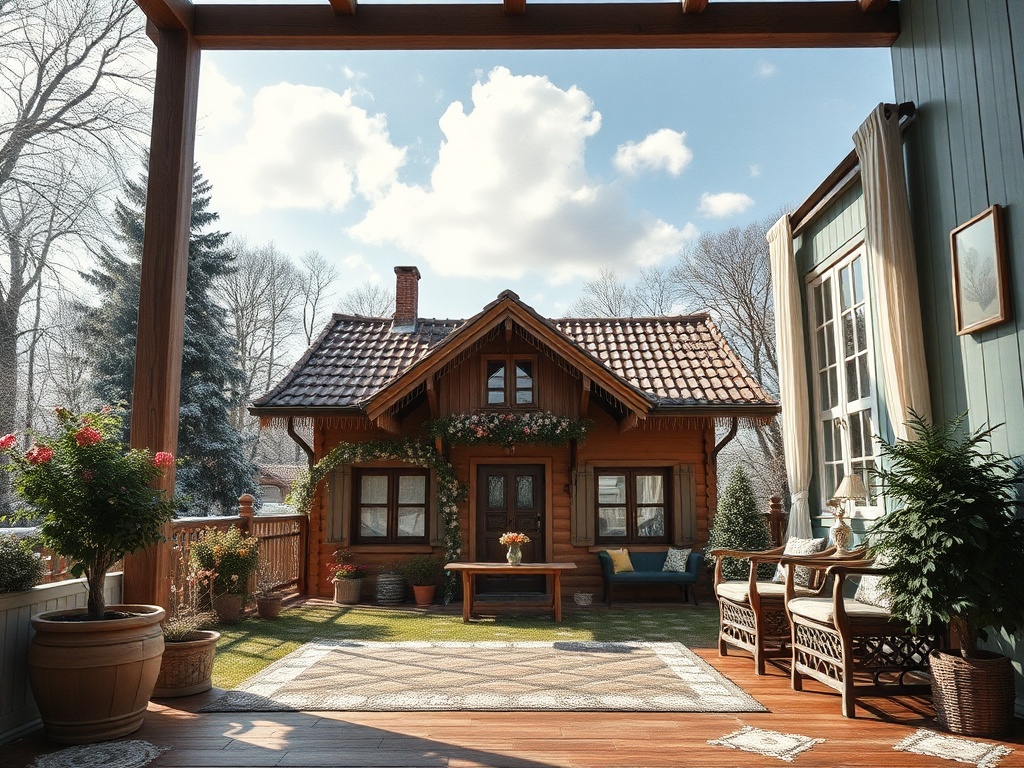 Уютный загородный дом с террасой, окружённый зеленью и цветами, на фоне голубого неба с облаками.