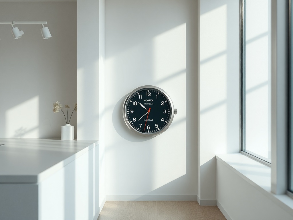 Часы на стене в светлой комнате с окнами, яркий свет падает на стол и цветы в вазе.