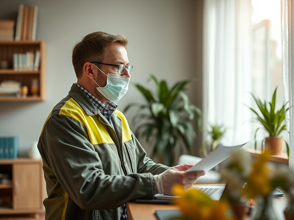 Мужчина в медицинской маске читает документы, сидя за столом с растениями на фоне.