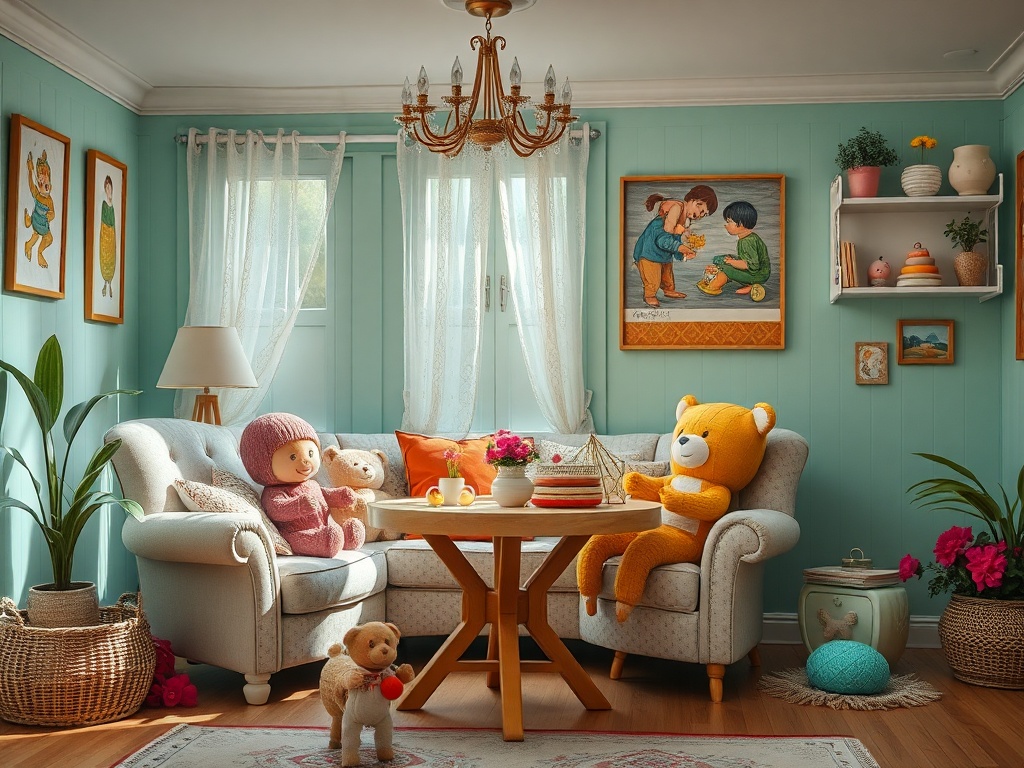 Уютная комната с мягкой мебелью, игрушками и элементами декора на стенах. Светлое и комфортное пространство.