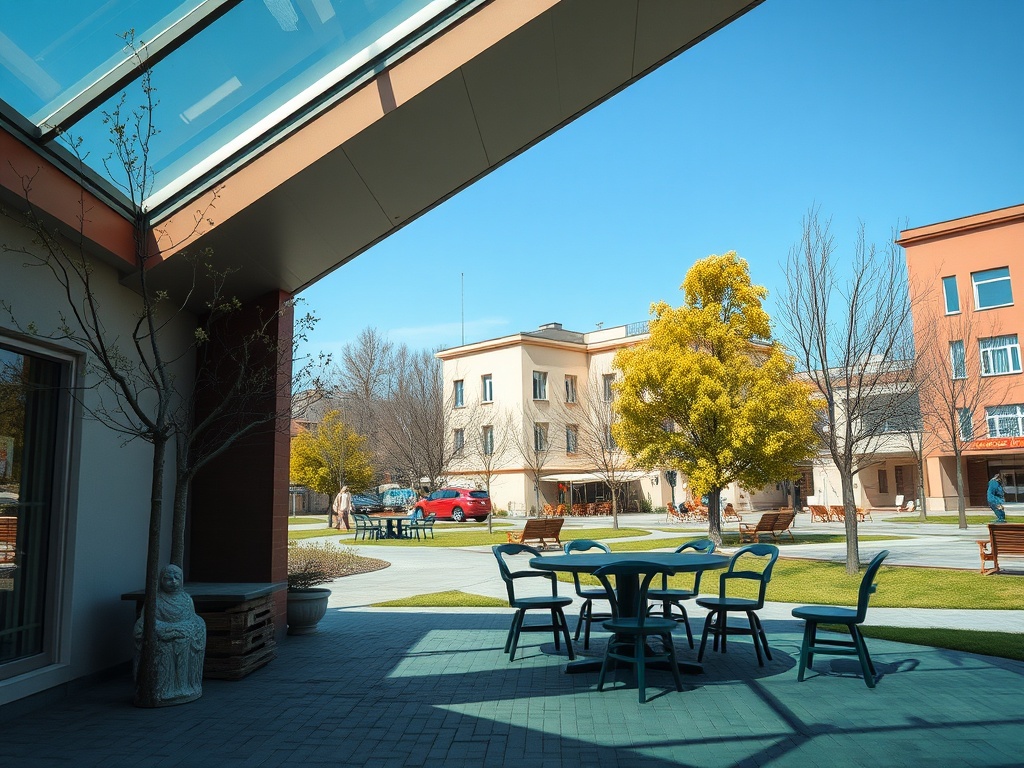 Открытое пространство с зелеными растениями и столиками, яркое небо и здания на заднем плане.