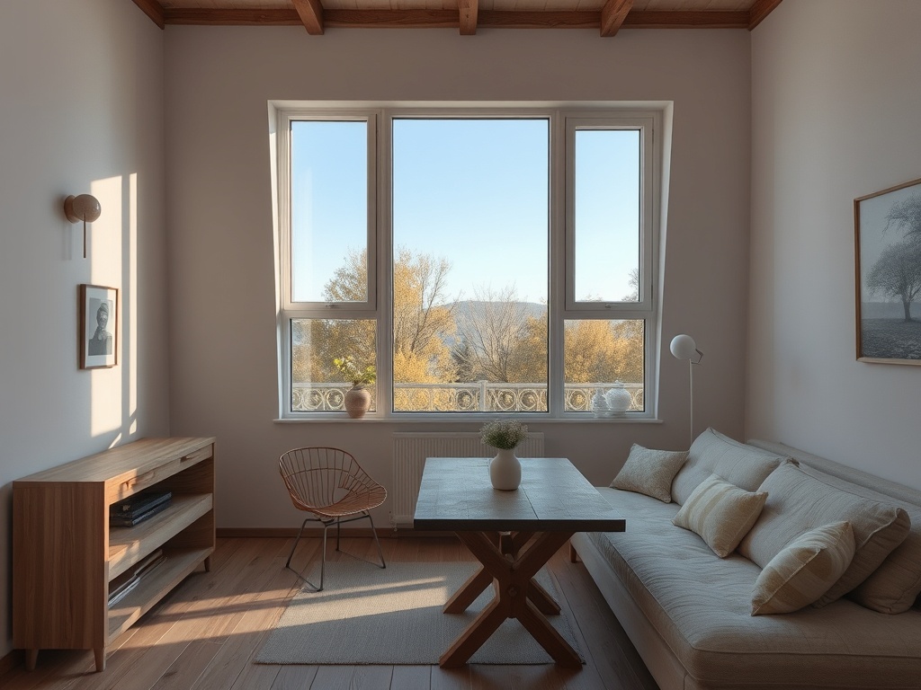 Светлая гостиная с большими окнами, уютной мебелью и видом на осенний пейзаж за окном.