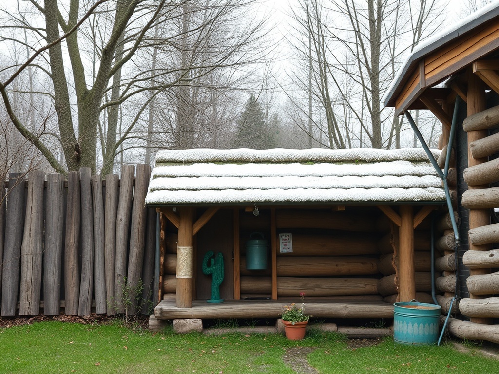 Небольшая деревянная постройка с крышей, покрытой снегом, среди деревьев. Весной или зимой.