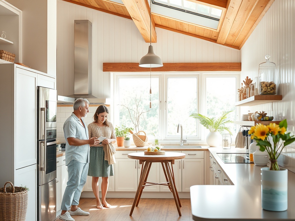 На кухне два человека обсуждают что-то, окруженные растениями и солнечным светом. Уютная обстановка.