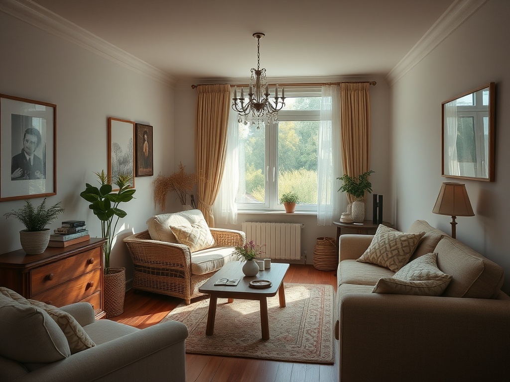 Уютная гостиная с мягкой мебелью, растениями и окнами, пропускающими солнечный свет.