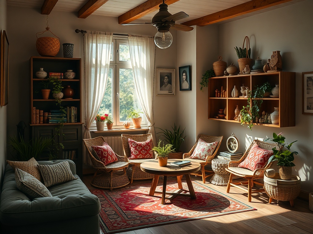 Светлая гостиная с растениями, креслами и большой книжной полкой. Уютная атмосфера с деревянными элементами.