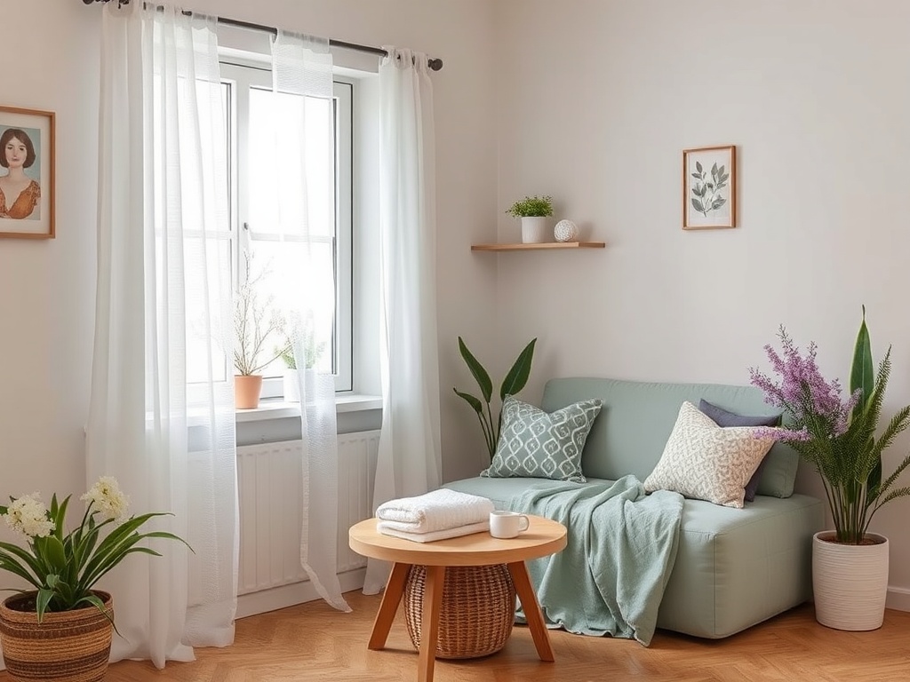 Светлая гостиная с диваном, столиком и растениями, уютная атмосфера и натуральные оттенки.