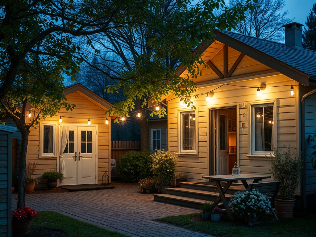 Светлый домик на фоне вечернего неба, окружённый зеленью и весенними цветами. Уютная атмосфера уюта.