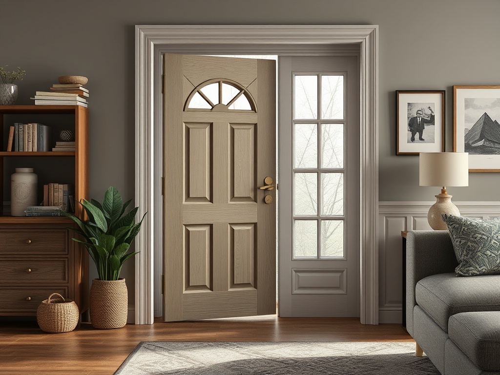 Входная дверь открыта, за ней виден светлый коридор. Интерьер дома с мебелью и растением.