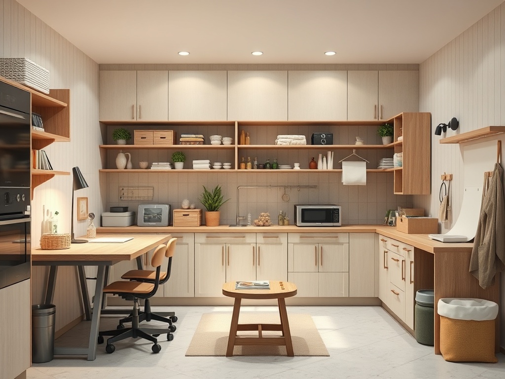 Современная кухня с деревянными полками, бытовой техникой и обеденным столом в светлых тонах.