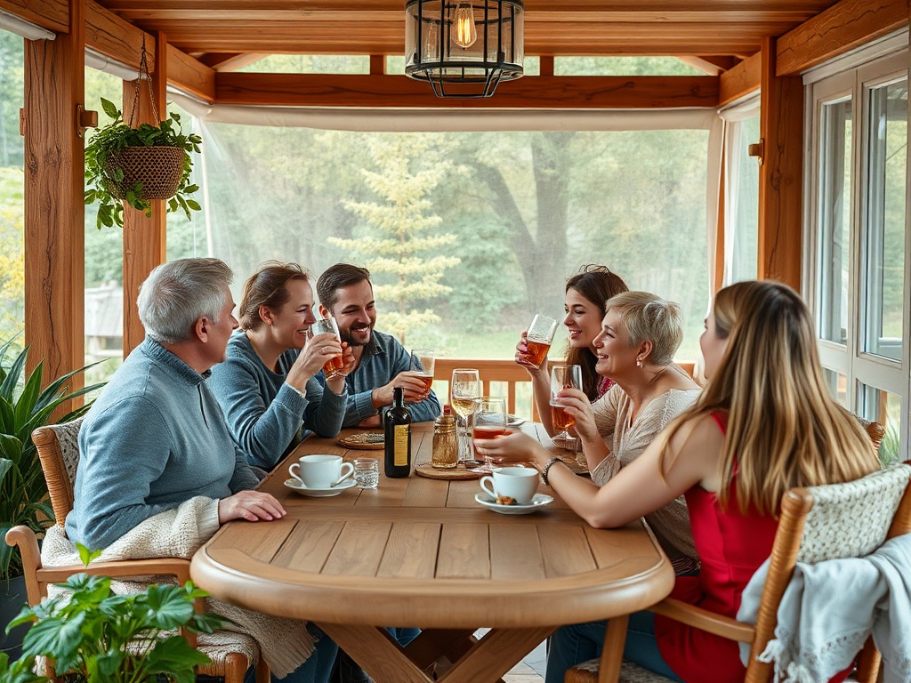 Группа друзей на уютной веранде поднимает стаканы и наслаждается общением и напитками.