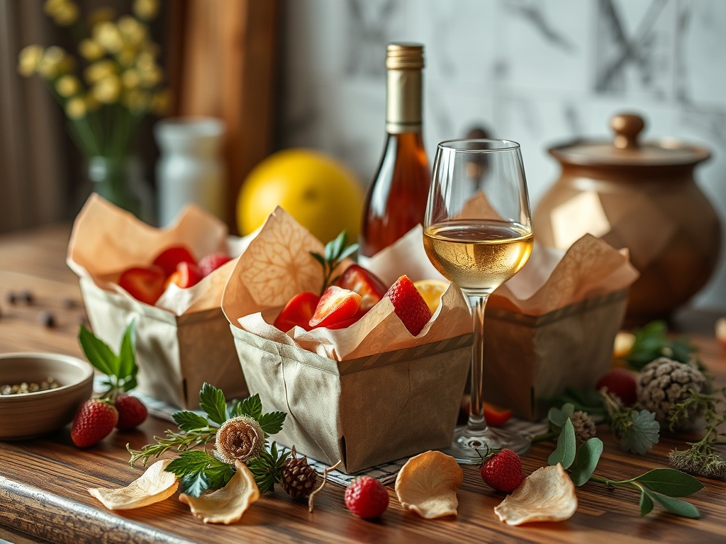 На столе находятся три корзинки с фруктами, бокал вина и бутылка, окружённые зеленью и сухими лепестками.