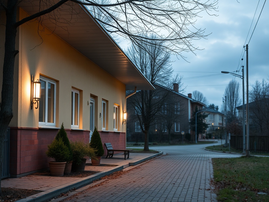 Уютный уголок города с домом, уютными деревьями и мягким вечерним светом. Спокойная атмосфера уличной сцены.