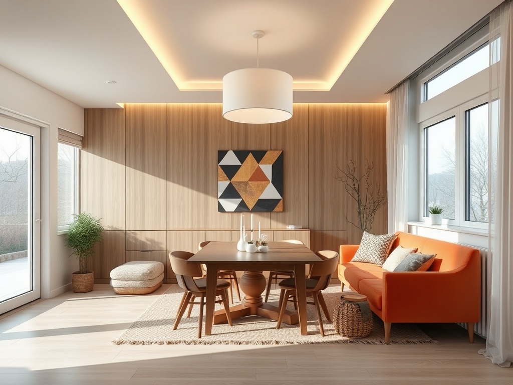 Современный интерьер светлой комнаты с обеденным столом и оранжевым диваном, много света и натуральных материалов.